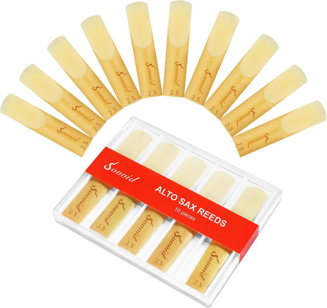 Sovvid 10 Pack Professional Alto Saxophone Reeds with Plastic Box, Strength 2.5 Alto Sax Reeds, Laser Engraved Marking & Thinner Reed Tip for Easy of Play, Traditional Reeds for Saxophone Alto