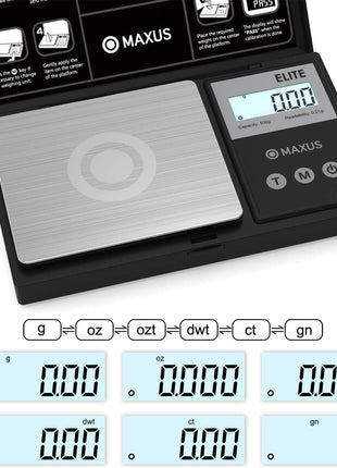 MAxUS Digital Pocket Gram Scale 500g x 0.01g High Precision with Tray, Weighs Small Food, Jewelry, Ounces, Grains, LCD Display, Tare Function