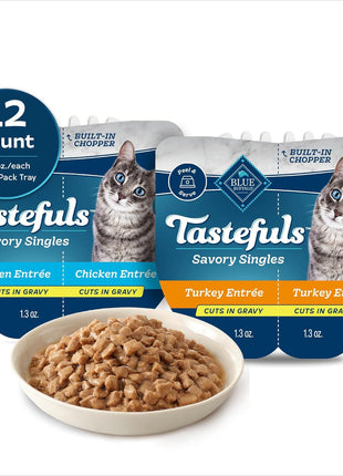 Blue Buffalo Tastefuls Savory Singles Variety Pack, 2.6 oz, 12 ct | Wet Cat Food in Gravy, Twin-Pack Trays, Chicken/Turkey Entreés, Perfectly Portioned