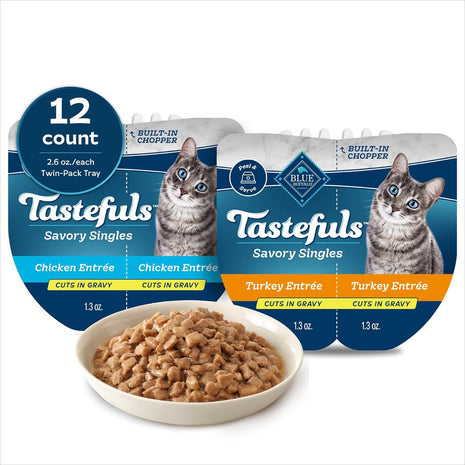 Blue Buffalo Tastefuls Savory Singles Variety Pack, 2.6 oz, 12 ct | Wet Cat Food in Gravy, Twin-Pack Trays, Chicken/Turkey Entreés, Perfectly Portioned