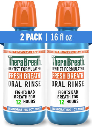 TheraBreath Fresh Breath Mouthwash, Icy Mint Flavor, Alcohol-Free, 16 Fl Oz (Pack of 2)