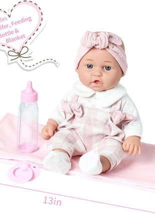 Enjoyin 12'' Baby Doll in Gift Box with Pink Cloths, Pacifier, 13''x13'' Microfabric Blanket, and Feeding Bottle. Gift Idea for Ages 3+