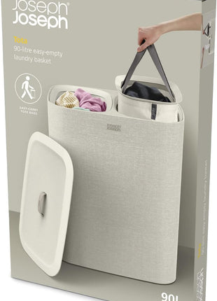 Joseph Joseph Tota 90 liter/23.8 gallon Laundry Hamper Separation Basket with lid, 2 Removable Washing Bags with Handles   Ecru
