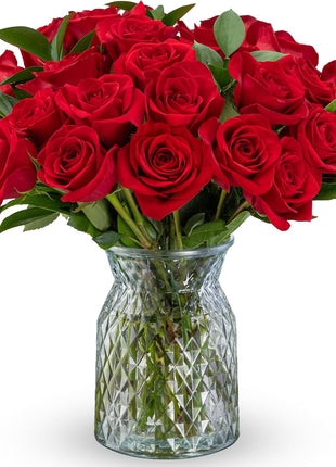 Benchmark Bouquets - Red Roses Bouquet - Fresh Flowers for Delivery - Real Roses - Two Dozen Long Stem Roses for Anniversary - Romantic Gift Set - Gifts for Women (Glass Vase Included)