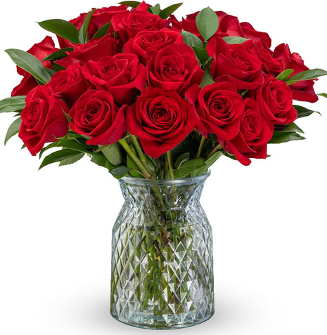 Benchmark Bouquets - Red Roses Bouquet - Fresh Flowers for Delivery - Real Roses - Two Dozen Long Stem Roses for Anniversary - Romantic Gift Set - Gifts for Women (Glass Vase Included)