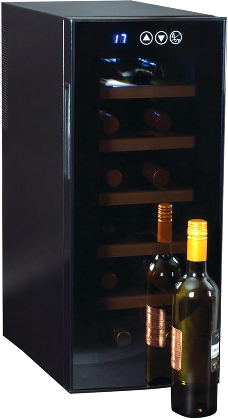 Koolatron Deluxe 12 Bottle Wine Cooler with Beech Wood Racks, Black, Thermoelectric Wine Fridge, 1 cu. ft. Freestanding Wine Refrigerator, Red, White and Sparkling Wine Storage for Kitchen or Home Bar
