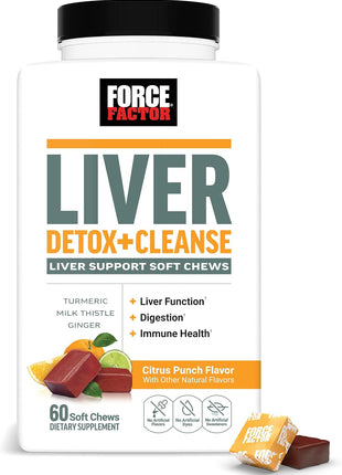 Force Factor Liver Detox + Cleanse Soft Chews | Liver Cleanse Detox & Repair Supplement, with Milk Thistle, Turmeric & Ginger, Citrus Punch, 60 Soft Chews