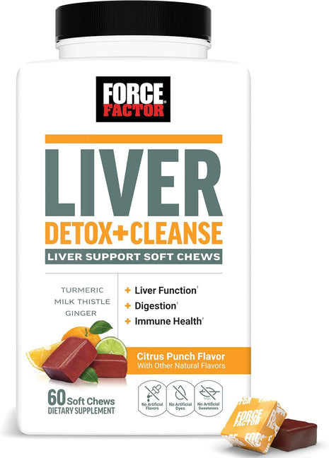 Force Factor Liver Detox + Cleanse Soft Chews | Liver Cleanse Detox & Repair Supplement, with Milk Thistle, Turmeric & Ginger, Citrus Punch, 60 Soft Chews
