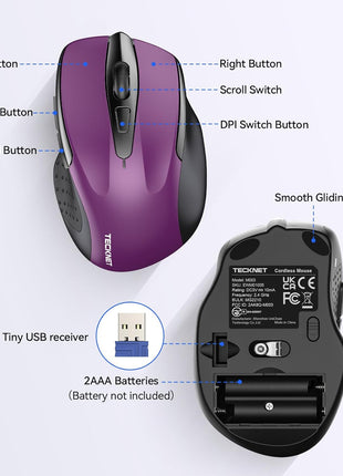 TECKNET Wireless Mouse, 2.4G Ergonomic Computer Mouse, 2600 DPI, Purple | Ergonomic Design with Side Grips, Adjustable DPI, 2-Year Battery, Compact Size, USB-A Plug & Play, Wide OS Compatibility