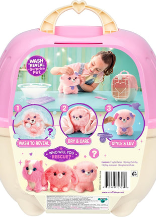 ScruffaLuvs Pink Surprise Pet, Mystery Plush Toy, Wash to Reveal | Wash to reveal 1 of 3 rescue pets, includes deluxe carrier & comb; plush toys for girls ages 3+, gift