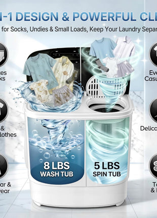 SUPER DEAL Compact Mini Twin Tub Washing Machine 13lbs Capacity Portable Washer Wash and Spin Cycle Combo, Built-in Gravity Drain for Camping, Apartments, Dorms, College, RV's and Small Spaces