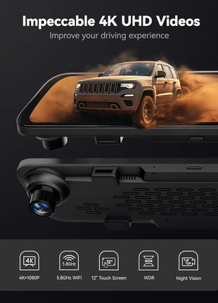 WOLFBOX G840S 12" 4K Mirror Dash Cam Backup Camera, 5.8GHz WiFi Smart Rearview Mirror for Cars & Trucks, Front and Rear View Dual Cameras, Night Vision, Parking Assistance, Included 32GB Card & GPS