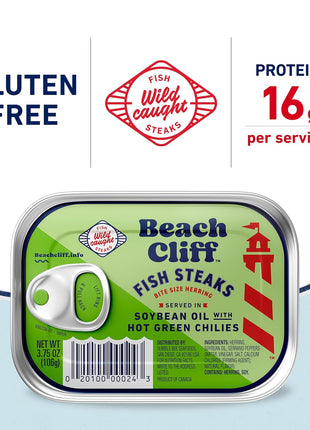 Beach Cliff Wild Caught Fish Steaks in Soybean Oil with Green Chilies, 3.75 oz Can   16g Protein per Serving   Gluten Free, Keto Friendly   Great for Pasta & Seafood Recipes
