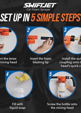SwiftJet Car Wash Foam Gun + Microfiber Wash Mitt - Foam Cannon Works with Any Soap - Garden Hose Car Foam Sprayer - Car Wash Kit - Car Accessories Foam Blaster (Orange Foam Gun with Mitt)