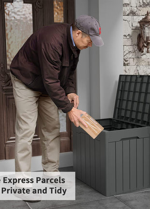 Flamaker Deck Box 31 Gallon Waterproof Resin Small Deck Box with Lid, Indoor Outdoor Package Delivery Box, Organization and Storage for Patio Furniture, Garden Tools, Outdoor Cushions (Grey)