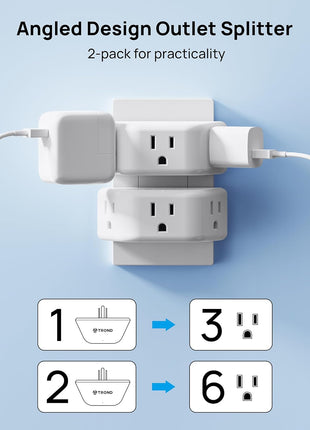 TROND Multi Plug Outlet Extender 2 Pack, Outlet Splitter for Bathroom | No Blocking with 3 Way Angled Design, ETL Listed, Cruise Essentials, Small Multiple Plug Adapter for Kitchen Office, White