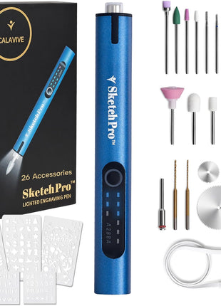 SketchPro Cordless Engraving Pen with LED Light – 3-Speed Precision Etching Tool for Wood, Metal, Glass & Plastic – USB-C Rechargeable, 26 Accessories – Ideal for DIY, Jewelry & Craft Projects