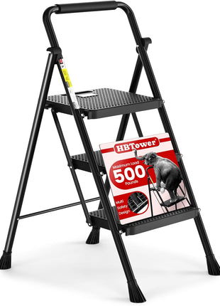 HBTower Step Ladder, Folding Step Stool with Wide Anti-Slip Pedal, Sturdy Steel Ladder, Convenient Handrail, Lightweight, Portable Steel Step Stool