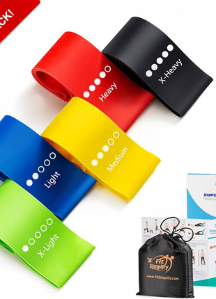 Fit Simplify Resistance Loop Exercise Bands with Instruction Guide and Carry Bag, Set of 5