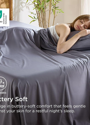 Bedsure PureWoven 100% Rayon Derived from Bamboo, Queen Sheets, 4 Pieces | Cooling Sheets for Hot Sleepers, Breathable & Silky Soft, 16" Deep Pocket, Hotel Luxury Bedding, Dark Grey