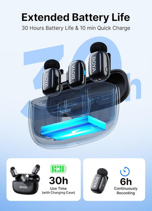BOYA mini 2 Wireless Lavalier Microphones for iPhone 15/16/17 & Android, AI Noise Cancellation, App Control, 30H Battery Life with Charging Case, Lapel Microphone Wireless for Video Recording Vlogging