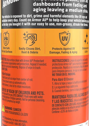 Armor All Original Protectant Wipes, Car Interior Cleaner Wipes with UV Protection to Fight Cracking & Fading, 30 Count