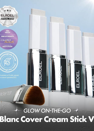 ELROEL Blanc Cover Cream Stick V White - Korean Color-Changing Foundation Stick with Volufiline - Medium to Full Coverage Dewy Finish Base Makeup - Dual-Ended with Detachable Brush (203 Medium)