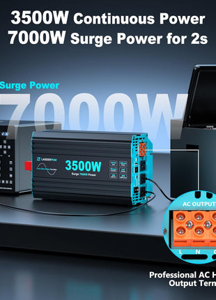Pure Sine Wave 3500W Power Inverter 12V DC to 120V AC for RV, Truck, Home, Off-Grid, Solar, Inverter with 3 AC Outlet, 30W USB-C, 5V 3.1A USB, Hardwire Port, 15FT Remote Control, Surge 7000W