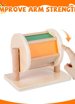 Adena Montessori Medium Spinning Drum, 6-12m | 6 color panels incl. mirror, rattles when spun. Wooden bars for easy grip. Boosts tummy time, motor & tracking. Gift.
