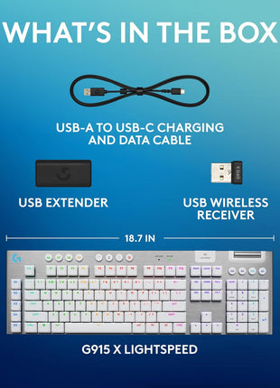 Logitech G915 X Lightspeed Low-Profile Wireless Gaming Keyboard, Double-Shot PBT Keycaps, Fully Programmable Keys, RGB Backlighting, Sleek Aluminum Finishing, GL Brown Tactile Switches-PC/Mac - White