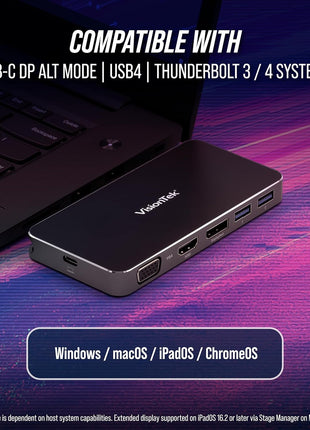 VisionTek VT200 Portable USB-C Dual Monitor Hub - 1x DP, 1x HDMI, 1x VGA, 2X USB-A Ports, 1x USB-C for Windows/MacOS/ChromeOS/iOS