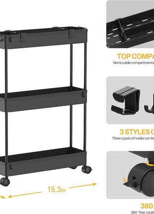 SPACELEAD Slim Storage Cart 3 Tier,Bathroom Organizer Rolling Utility,Mobile Shelving Unit Slide Out for Office, Kitchen, Laundry Room & Narrow Places,Black