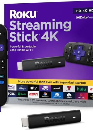 Roku Streaming Stick 4K - HDR & Dolby Vision Roku Streaming Device for TV with Voice Remote & Long-Range Wi-Fi - Free & Live TV