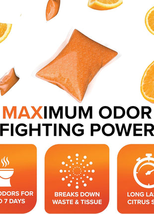 Camco TST MAX RV Toilet Treatment Drop-INs - Control Unwanted Odors & Break Down Waste and Tissue - Safe Septic Tank Treatment - Orange Scent, 30-Pack (41183)