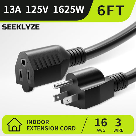 16/3 Black Extension Cord 6 FT Indoor, Short Extension Cord for Laptops, Coffee Makers, Office Home Appliances, 3 Prong Small Resistant Cable Flexible, 13A 125V 1625W ETL Listed