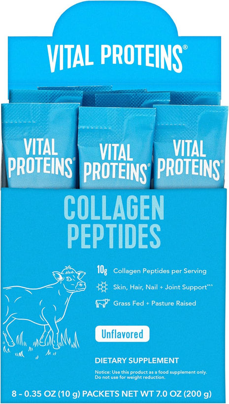 Vital Proteins Hydrolyzed Collagen Peptides Powder Supplement (Type I & III), 8ct Travel Packs (10g per Serving) - Dairy & Gluten Free, Unflavored