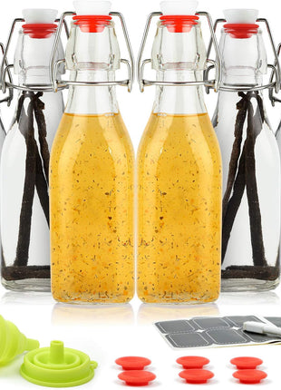 WILLDAN Set of 6 8.5oz Swing Top Glass Bottles   Flip Top Brewing Bottles For Kombucha, Kefir, Vanilla Extract, Beer   Airtight Caps and Leak Proof Lids, Bonus Gaskets and Funnel