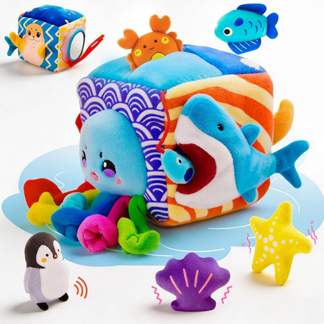 Baby Toys 6-12 Months, Montessori Sensory Toys with 5 Plush Sea Animals | Soft Mystery Box with Crinkle,Squeaky,Rattle & Mirror for Fine Motor Play & Multi-Sensory Learning,Gifts for Infants & Babies