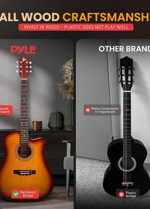 Pyle Steel String Acoustic Guitar Kit, 4/4 Full Size Cutaway All-Wood Guitarra Acustica with Premium Accessory Set and Upgraded Gig Bag, 41" Cherry Burst Glossy