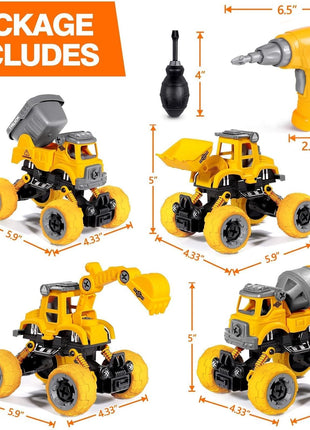 LUDILO Take Apart Construction Toys for 4 Year Old Boys Gifts Toys Age 4-6 | 4PCS Excavator Toy with Electric Drill/Kids Toy Boys 3-5/Building Learning Stem Toys for 3 4 5 6 7 Year Old Boy Birthday Gift