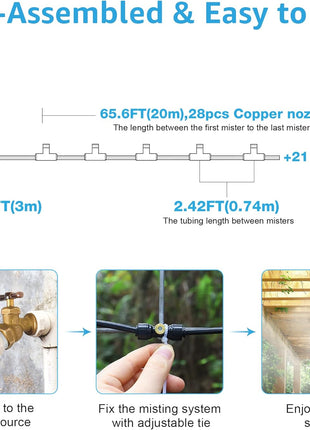 Bonviee Misters for Outside Patio - 75FT Misting Cooling System with 28 Brass Nozzles and 3/4 inch Adapter, 23M DIY Outdoor Misters Kit for Garden, Greenhouse, and Patio Cooling