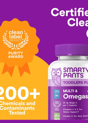 SmartyPants Toddler Multivitamin Gummies, Omega 3 (DHA/EPA), Vitamins D3, C, Vitamin B12, B6, A, K & Zinc, Biotin, Gluten Free, Three Fruit Flavors, 60 Count (30 Day Supply)