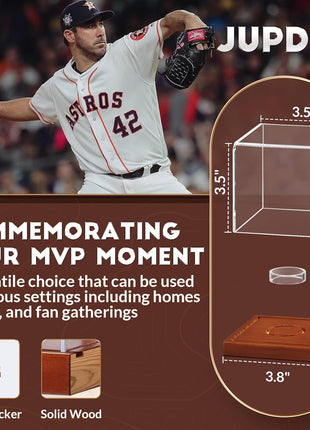 Baseball Display Case - Clear Cube Baseball Holder with Wooden Base, Autograph Stand Box for Single Ball, Acacia Wood, Brown, 1 Pack