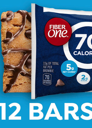Fiber One 70 Calorie Chocolate Chip Cookie Brownies, 12 ct, 10.6 oz | 27% Daily Value of Fiber per Bar, 5g Net Carbs, Chocolatey Chips & Drizzle, Ideal Desk Drawer or Lunchbox Snack, 10.6 oz