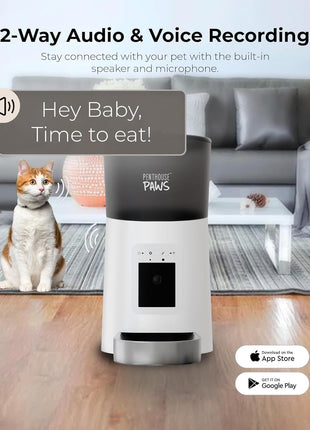 Penthouse Paws Smart HD Pet Feeder, 6L Dry Food Capacity, 1080p Camera, 2-Way Audio, Scheduled Meals, Backup Power, Easy to Clean, Anti-Jam Design for Cat & Dog, White/Stainless Steel