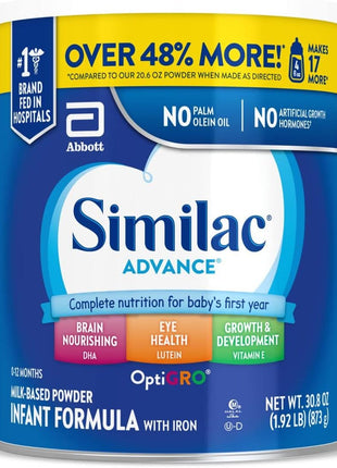Similac Advance Baby Formula Powder With Iron, Inspired by Breast Milk | Nutritionally Complete Infant Formula for Babies, Support for Brain & Eye Development, Easy to Digest, 30.8 oz value-size can