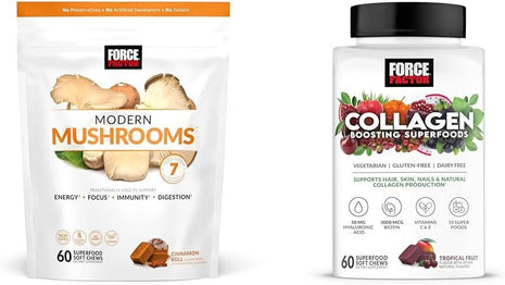Force Factor Modern Mushrooms Soft Chews with 7 Mushrooms, Collagen Boosting Superfoods with Biotin for Hair Skin Nails, 60 Soft Chews Each