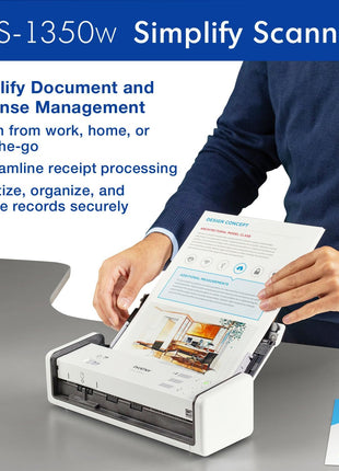 Brother ADS-1350W Wireless Compact Desktop Scanner | Scan Speeds of Up to 30ppm | Single Pass Double-Sided Scanning