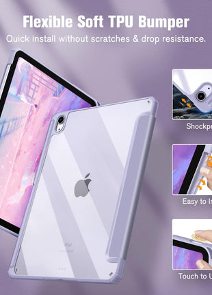 Fintie Clear Case for iPad Air 11-inch & iPad Air 5th/4th Generation 10.9" | Hybrid Slim Design, Shockproof Cover with Transparent Back Shell & Pencil Holder, Viewing & Typing Angles, Lilac Purple