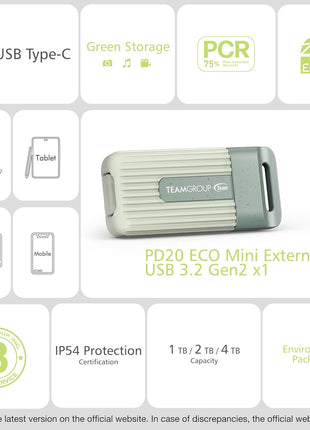 TEAMGROUP PD20 ECO 2TB Portable External Solid State Drive SSD Read up to 1000MB/s USB 3.2 Gen2x1 Type-C Waterproof Dustproof IP54 TPSEG4002T0C102